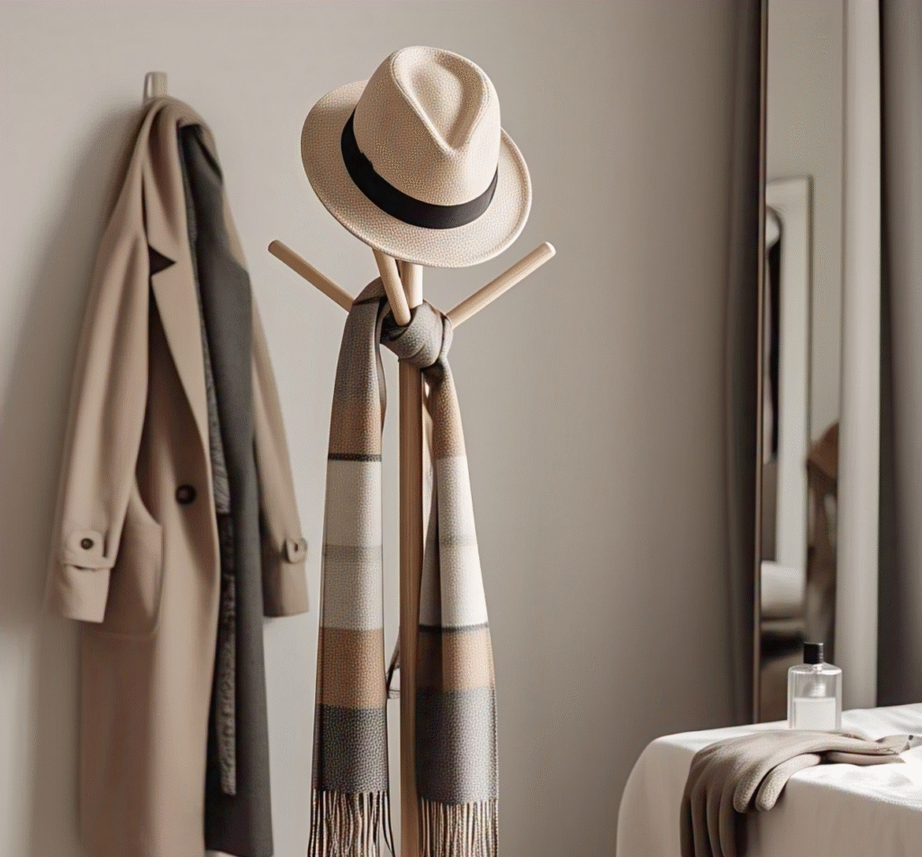 Perchero decorativo y funcional con sombrero y bufanda en habtación beige.