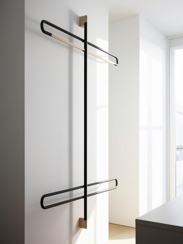 Perchero de pared moderno de metal fino y diseño minimalista en ambiente escandinavo